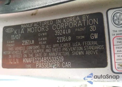 2008 Kia Spectra Ex из США, поврежденный, VIN KNAFE121485533519